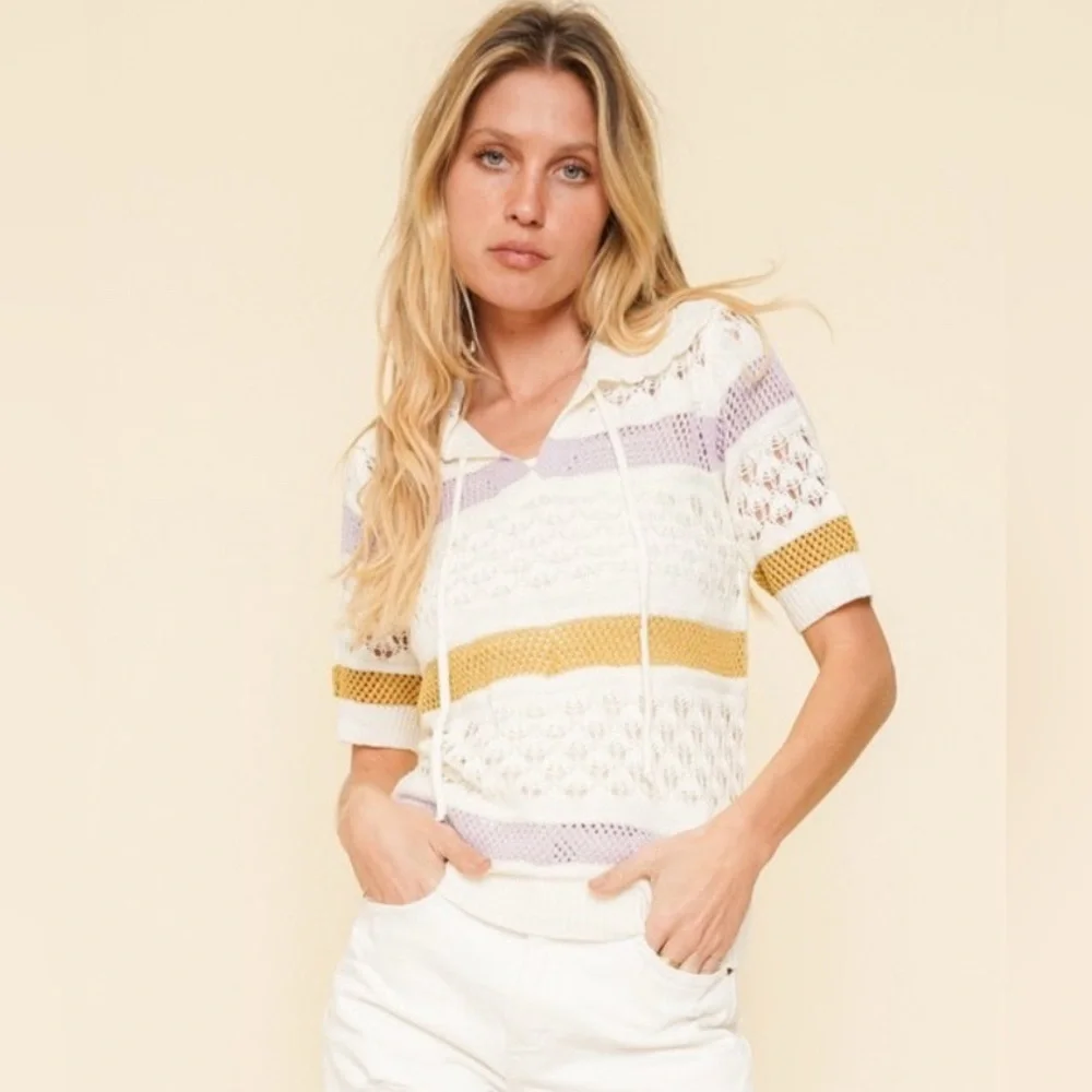 💜 HEM &THREAD Striped Open Crochet Top - Picture 1 of 3